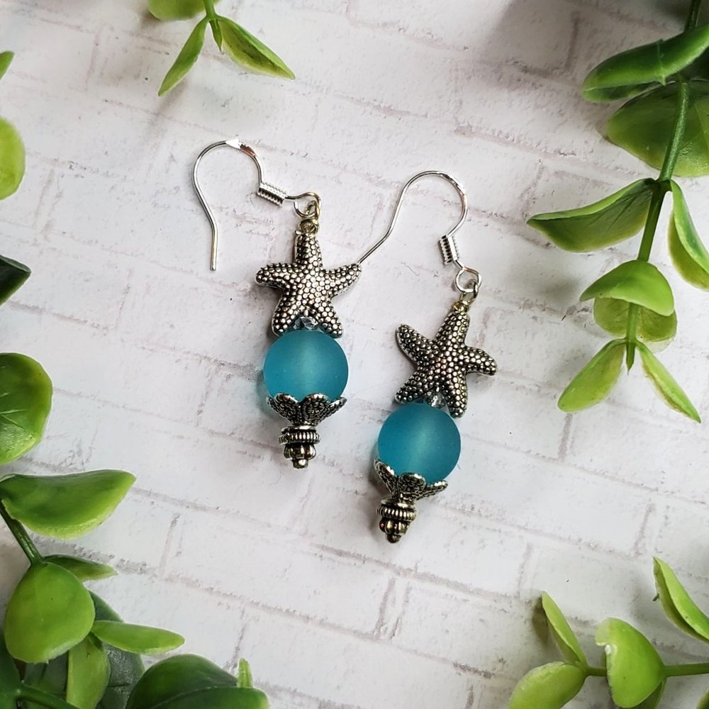 3/$25 Silver Starfish Earrings Blue Sea Glass Bead Dangles